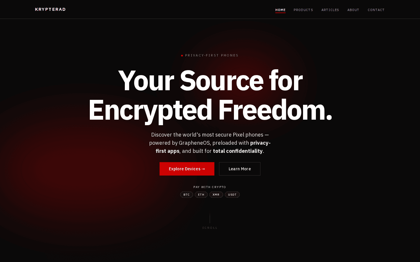 Accueil de krypterad.eu : fond noir, titre « Your Source for Encrypted Freedom. », bouton rouge vers les appareils, cryptomonnaies acceptées.