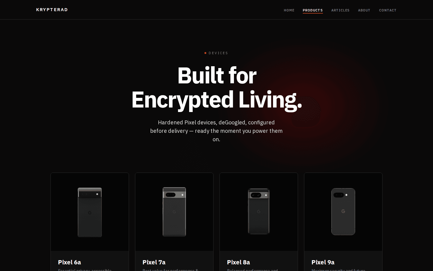Page catalogue de krypterad.eu : titre « Built for Encrypted Living. » et quatre cartes, Pixel 6a, 7a, 8a et 9a.