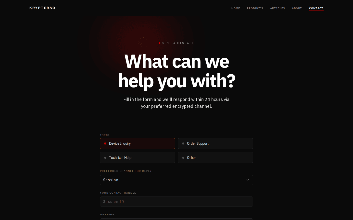 Page contact de krypterad.eu : titre « What can we help you with? », quatre sujets au choix, liste du canal de réponse et champ d’identifiant.