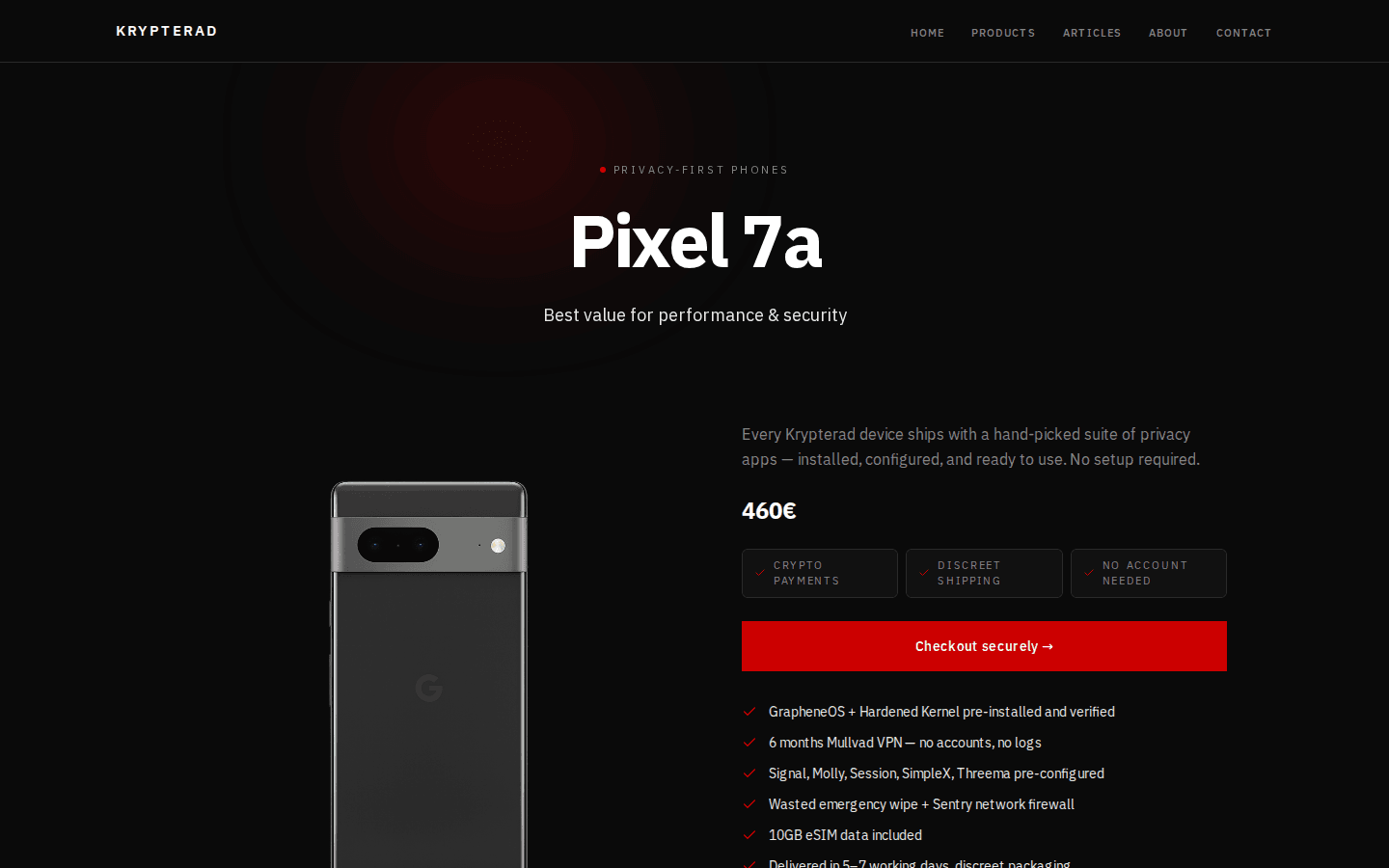 Fiche du Pixel 7a : photo du téléphone, prix de 460 €, trois badges, bouton rouge « Checkout securely » et liste de ce qui est inclus.